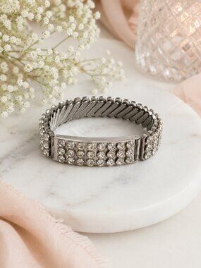 Vintage Rhinestone Photo Locket Bracelet Expandable Silver Tone Hidden Picture